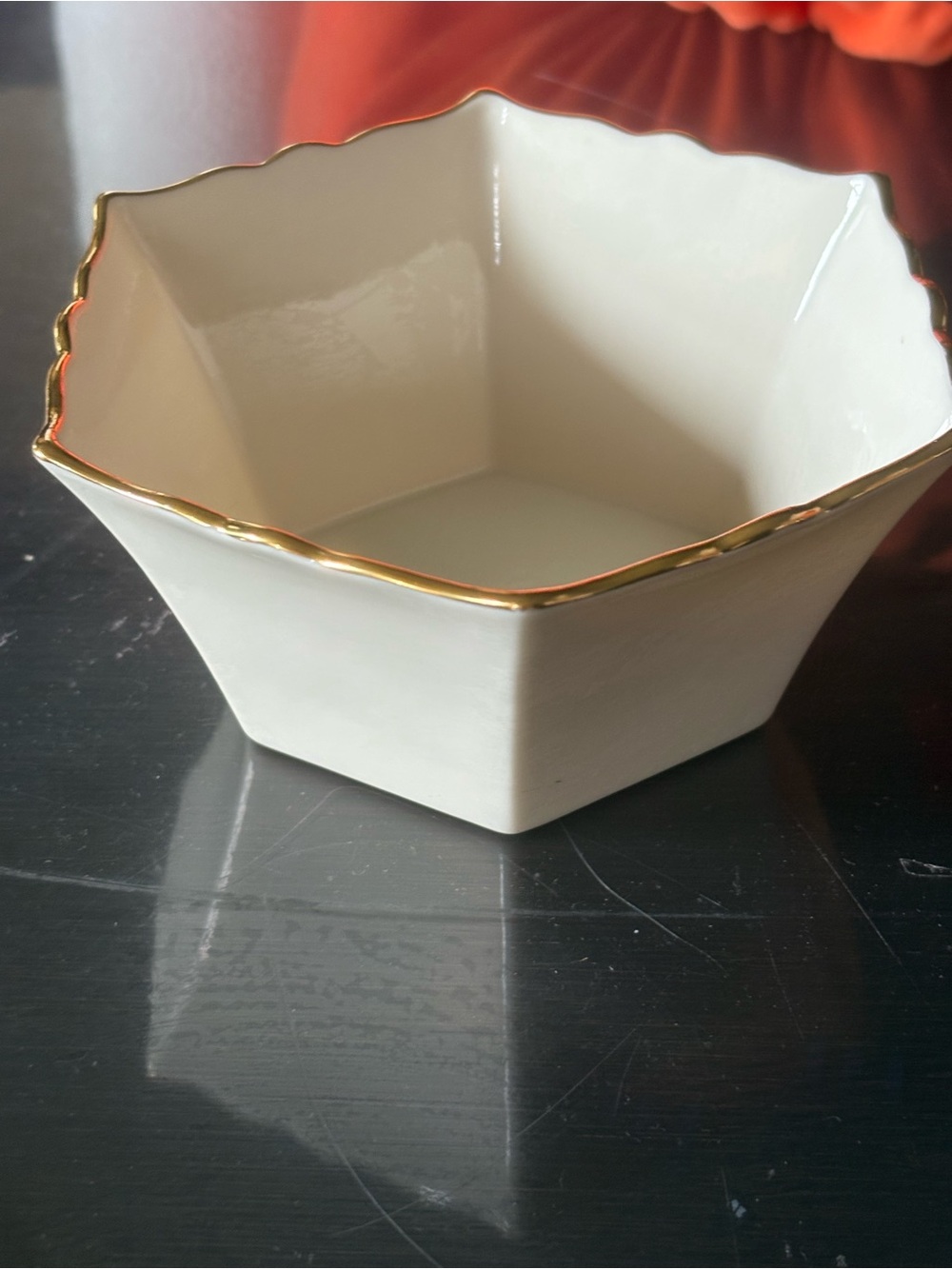 Lenox White Ceramic Hexagon Bowl with Gold Rim